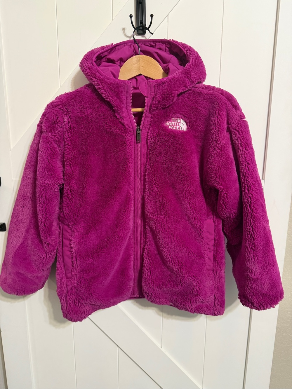 The North Face Girls Large 12 Reversible Fleece Puffer Jacket Pink Magenta Hood